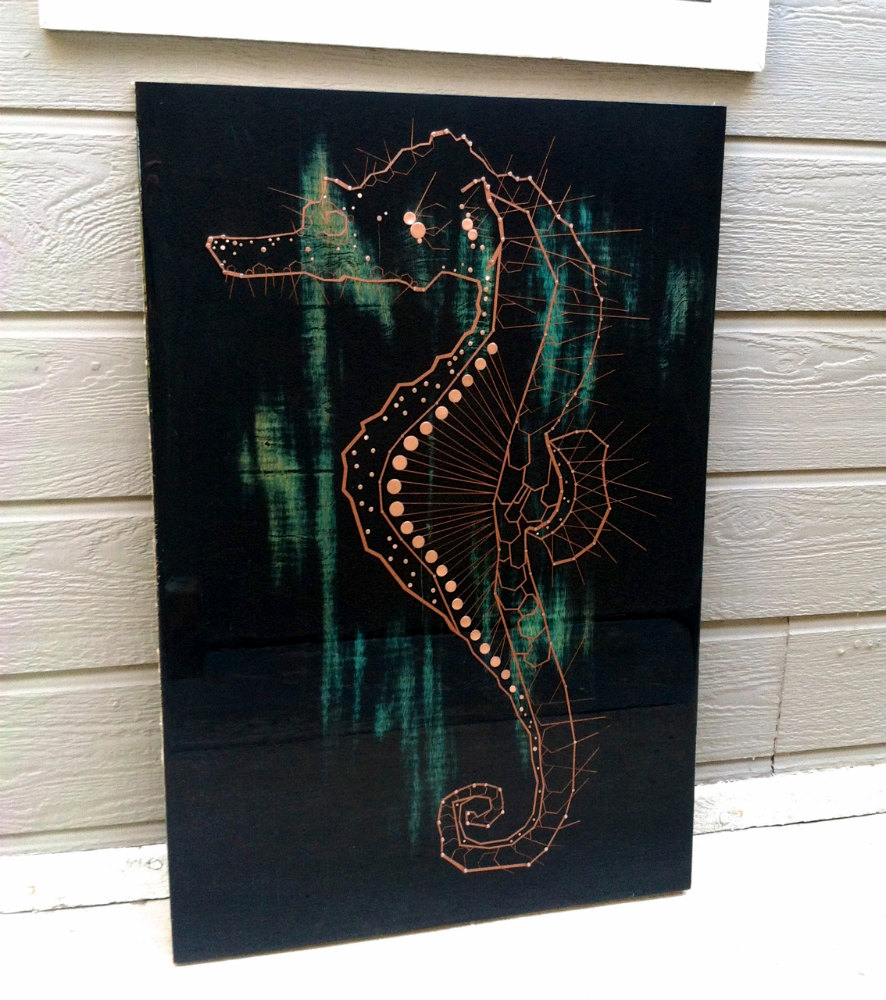 Seahorse Art Industrial Mixed Media in Copper and Blue Green Turquoise - Seahorse. steampunk buy now online