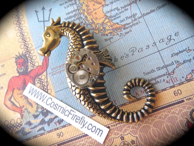 Seahorse Brooch Nautical Brooch Steampunk Pin Tiny Vintage Watch Movement Antiqued Brass Gold Gothic Victorian Brooch Inspired Art Jewelry steampunk buy now online