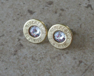 Winchester 308 Win Brass Bullet Earring, Lightweight Thin Cut, Clear Swarovski Crystal, Surgical Steel Stud - 372 steampunk buy now online