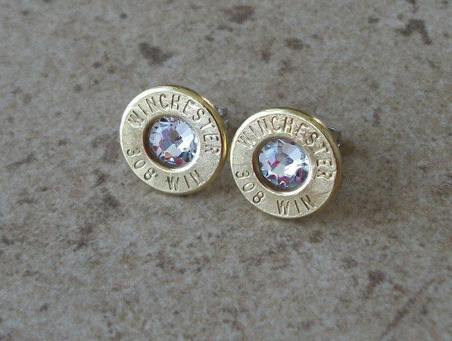 Winchester 308 Win Brass Bullet Earring, Lightweight Thin Cut, Clear Swarovski Crystal, Surgical Steel Stud - 372 steampunk buy now online