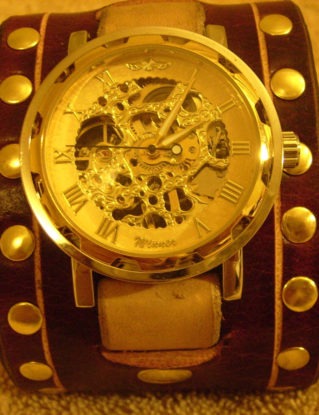 Steampunk Leather Watchband handmade Brass rivets Oxblood Red swing latch steampunk buy now online