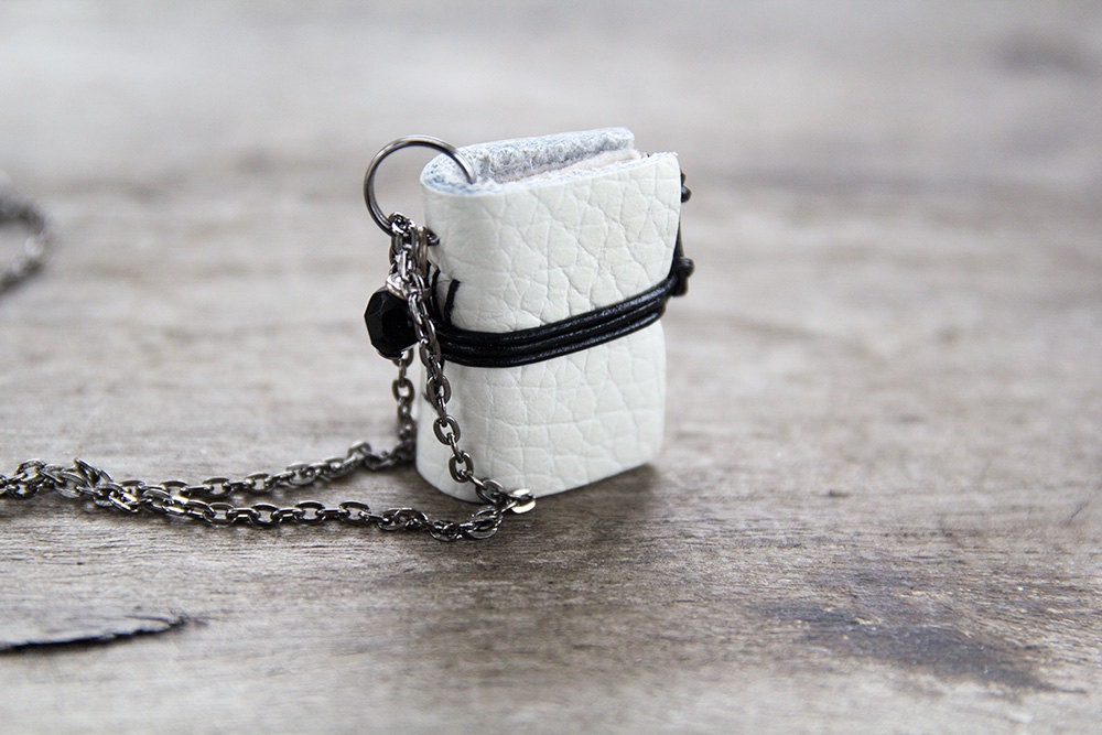 Leather miniature book necklace, mini book jewelry, book lover literature, eco friendly necklace pendant, steampunk journal necklace - white steampunk buy now online