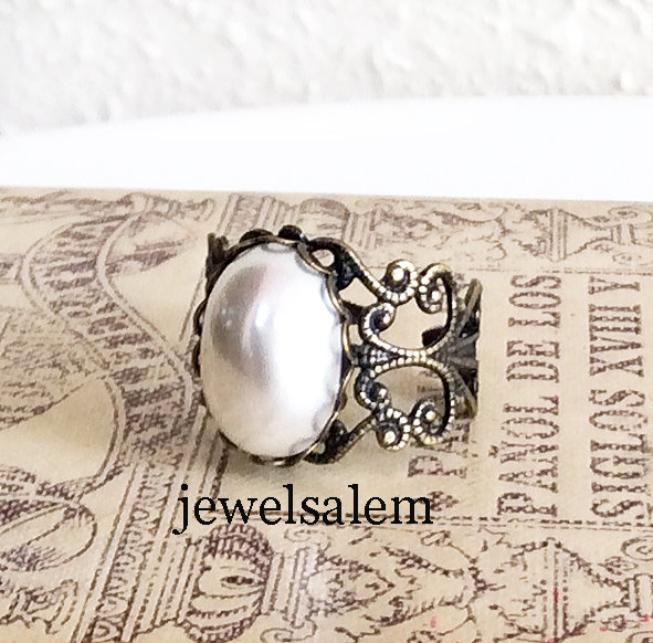 White Pearl Ring Black Brass Modern Victorian Ring Gift Exotic Gothic Pewter Steampunk Vintage Style Heirloom Statement steampunk buy now online