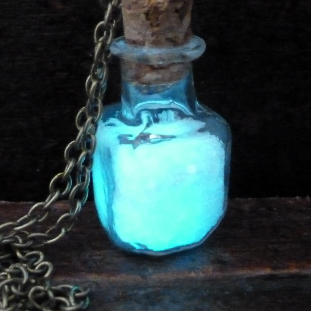 Steampunk necklace Magic Fire Fairy Angel dust pendant charm Glow in the dark bottle vial Aqua steampunk buy now online