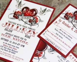 Rockabilly Wedding Invitation Set with sparrow lovebirds and roses. Steampunk heart wedding invitations. steampunk buy now online