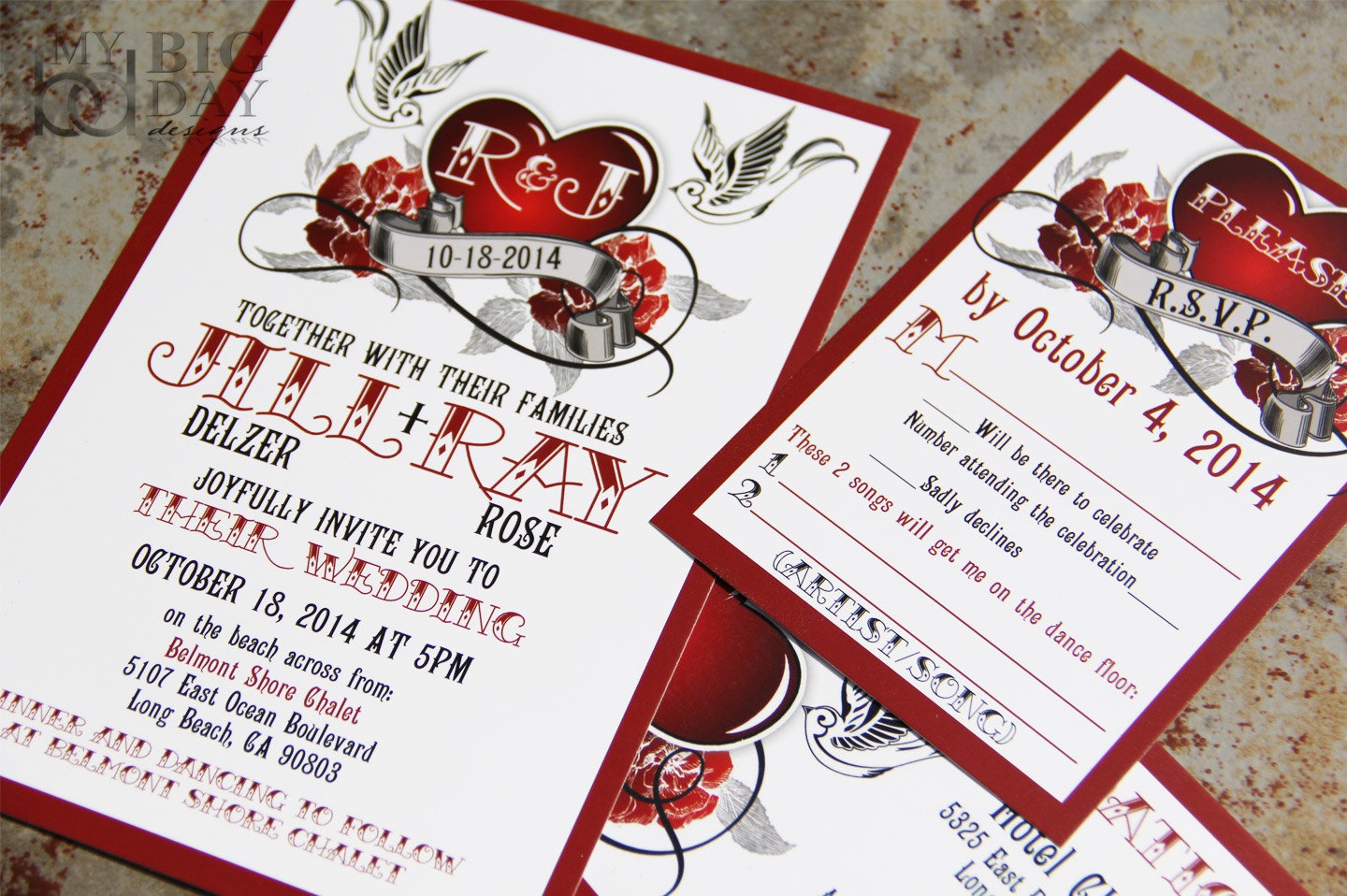 Rockabilly Wedding Invitation Set with sparrow lovebirds and roses. Steampunk heart wedding invitations. steampunk buy now online