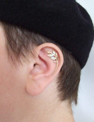 Gold Plated Silver Single Leaves Cartilage Earring - gold ear piercing , ear cuff , wedding jewelry , woodland , cartilage earring steampunk buy now online
