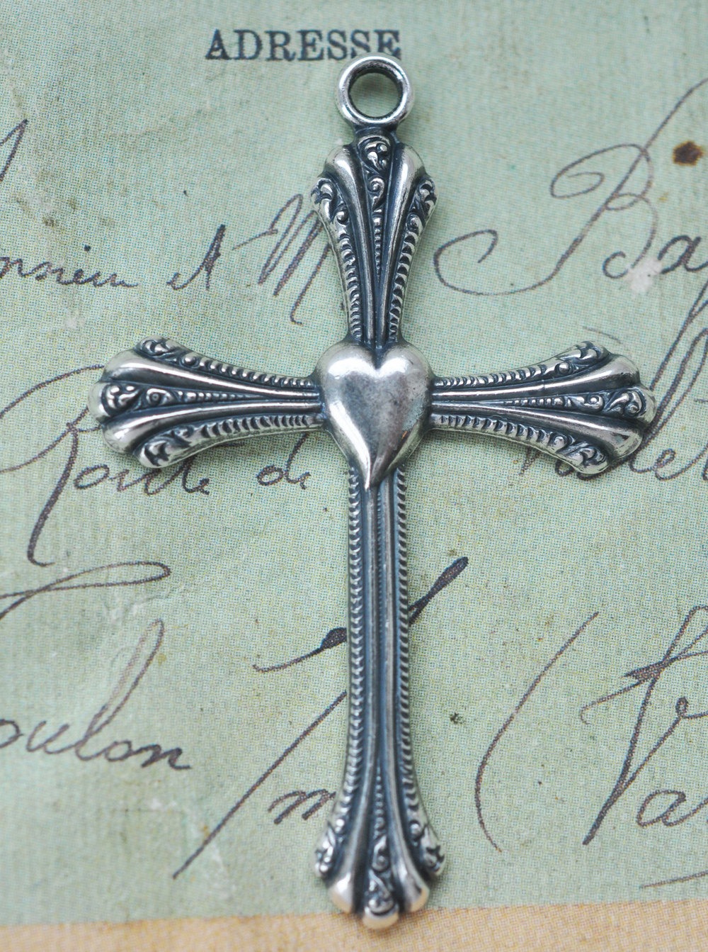 Crucifix brass pendant with heart, Sterling Silver Ox Finish steampunk buy now online