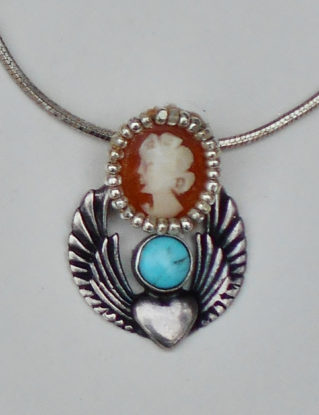 Steampunk Art Nouveau Heart with Turquoise, Hand Carved 1/2" Shell Cameo on Sterling Silver Heart with Wings Sterling Snake Necklace. steampunk buy now online