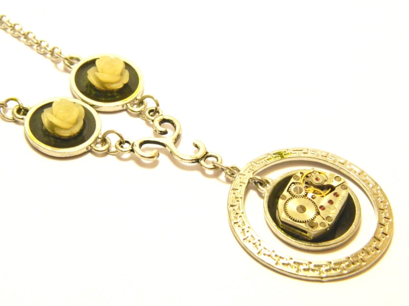 Cycles, Silver colored jewelry, steampunk necklace, old clockwork, peach roses, purple enamel, OOAK, unique gift for woman, free shipping steampunk buy now online