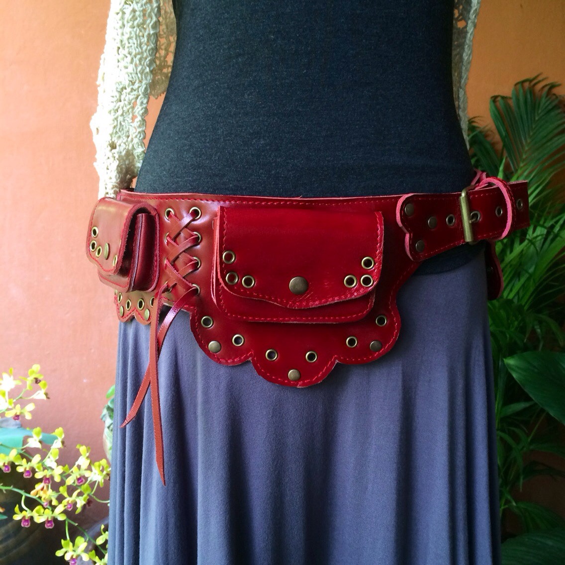 Leather Utility Belt Red -The Lotus- Pocket Belt,Steampunk Hip Purse,Burning Man, Belt Bag,Fanny Pack, Festival Belt steampunk buy now online