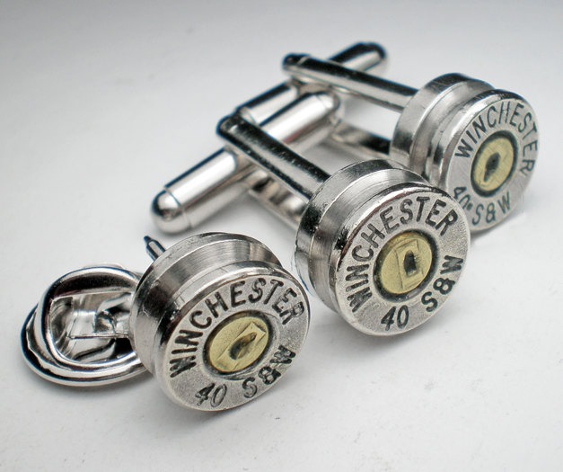 40 S&W Winchester Nickel Bullet Head Groom Groomsman Wedding Cufflinks Tie Tac Lapel Set (2) Sets steampunk buy now online