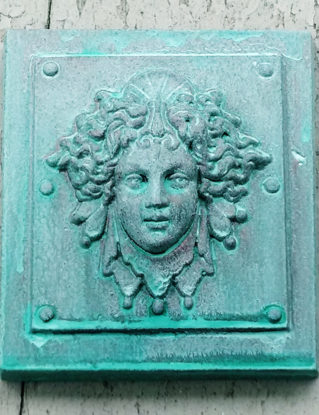 Luna in a Verdigris finish, classical architectural bronze detail, womens face, reproduction of victorian paperweight, Cast Shadows Studio steampunk buy now online