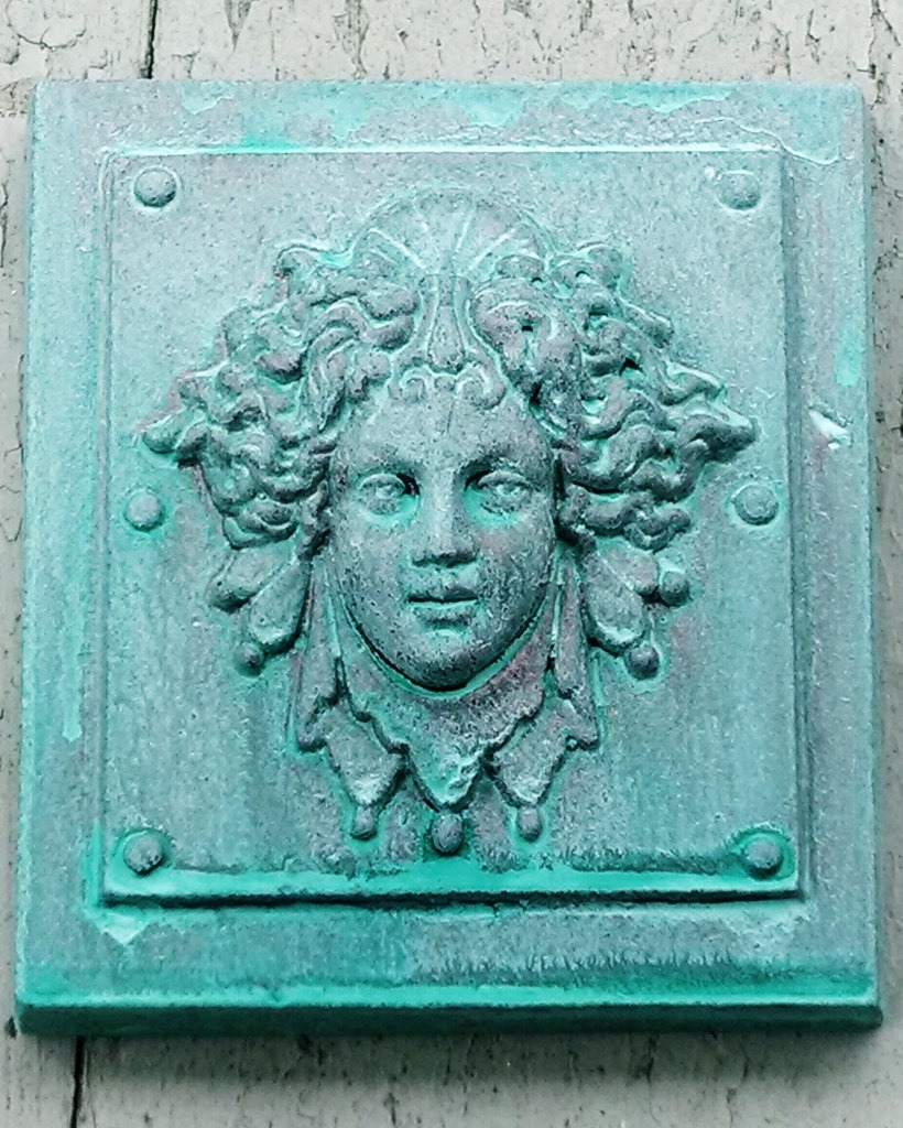 Luna in a Verdigris finish, classical architectural bronze detail, womens face, reproduction of victorian paperweight, Cast Shadows Studio steampunk buy now online