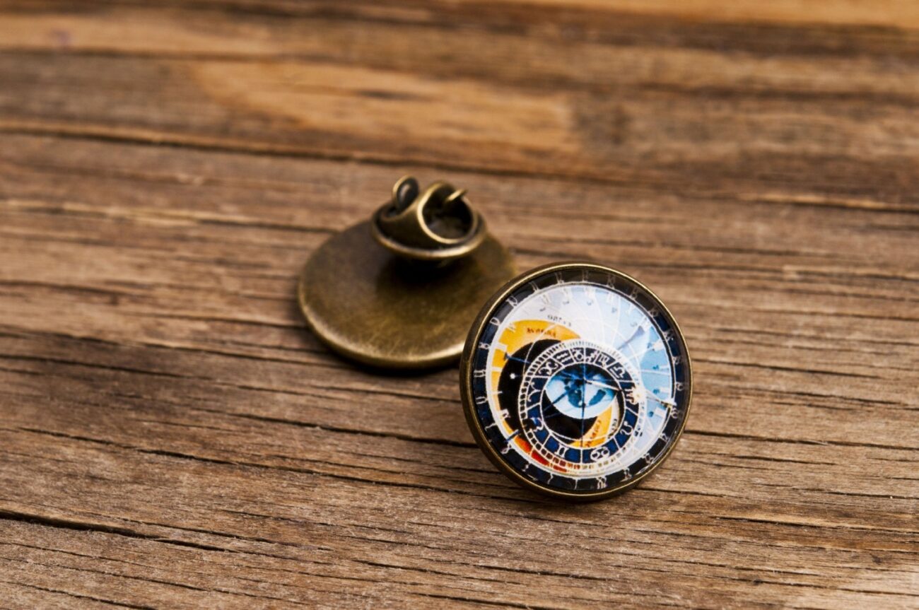 Lapel pin - Astronomical clock lapel pin, steampunk pin, clock brooch, glass dome lapel pin, antique brass lapel pin, Prague clock lapel pin steampunk buy now online