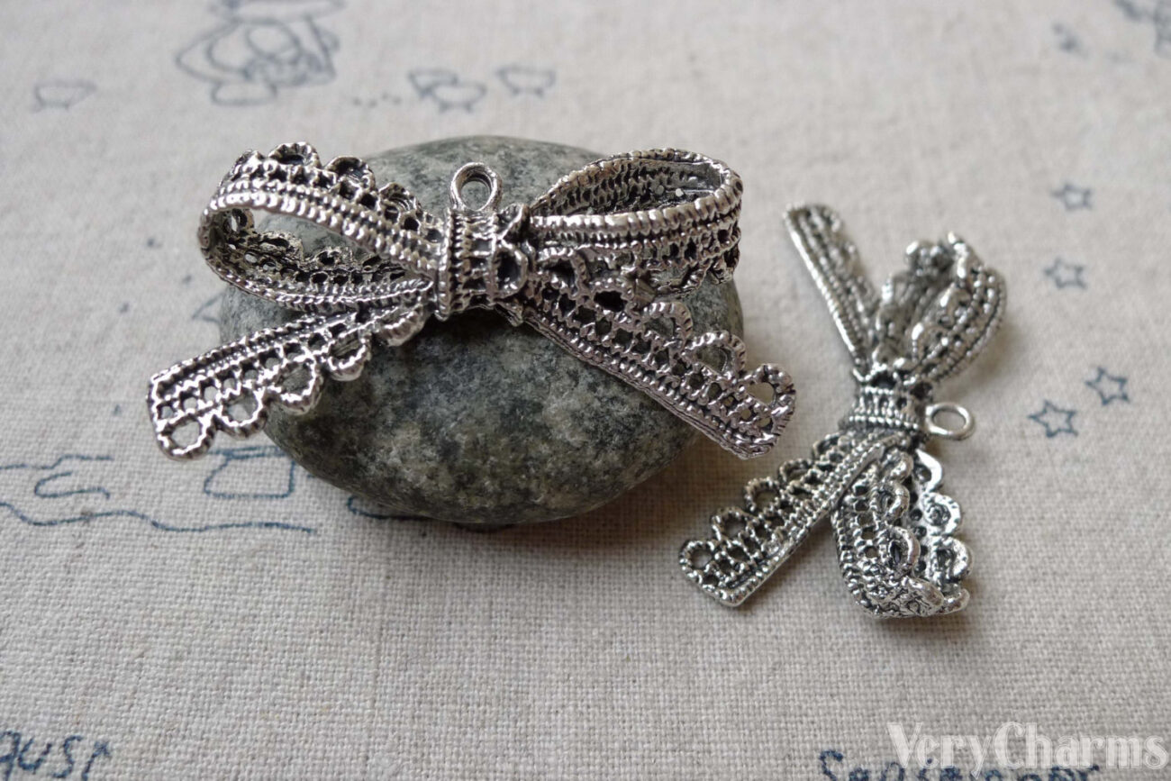 10 pcs of Antique Silver Lace Edge Bow Tie Knot Connectors Pendants Charms 23x43mm A6659 steampunk buy now online