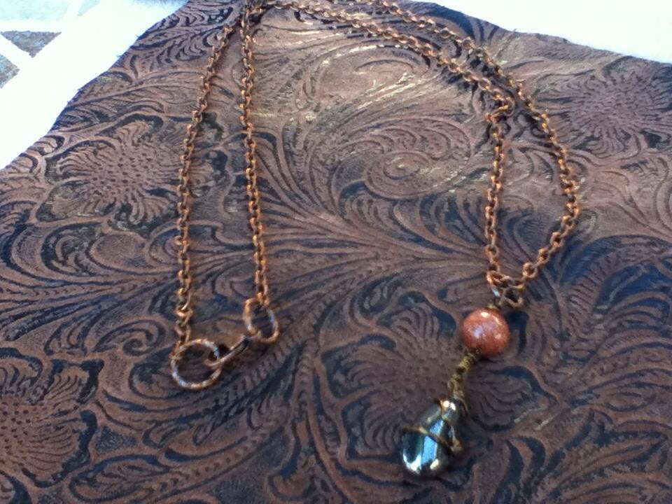 Dragon's Blood - Stunning Steampunk style handmade necklace with Copper chain, Wire wrapped brass pendant, Sparkling Bead/Hematite steampunk buy now online