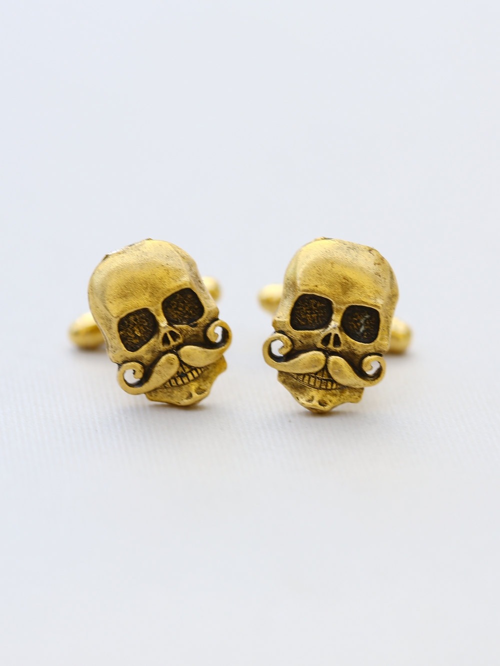 Skull With Mustache Cufflinks Brass Plated Metal Vintage Inspired Style Antiqued Finish Men's Cuff Links & Accessories steampunk buy now online