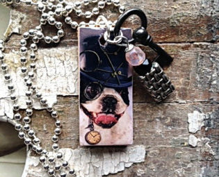 Steampunk Boston Terrier Dog on Recycled Wood 24 Inch Chain and Dangle Charm plus Key steampunk buy now online