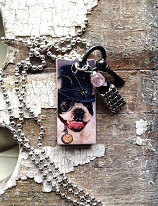 Steampunk Boston Terrier Dog on Recycled Wood 24 Inch Chain and Dangle Charm plus Key steampunk buy now online