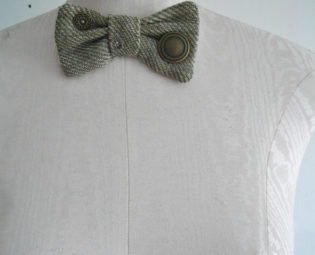 Unique Ecru/sage Irish Linen dickie bow with 'Steampunk' button details. steampunk buy now online