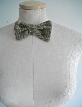 Unique Ecru/sage Irish Linen dickie bow with 'Steampunk' button details. steampunk buy now online