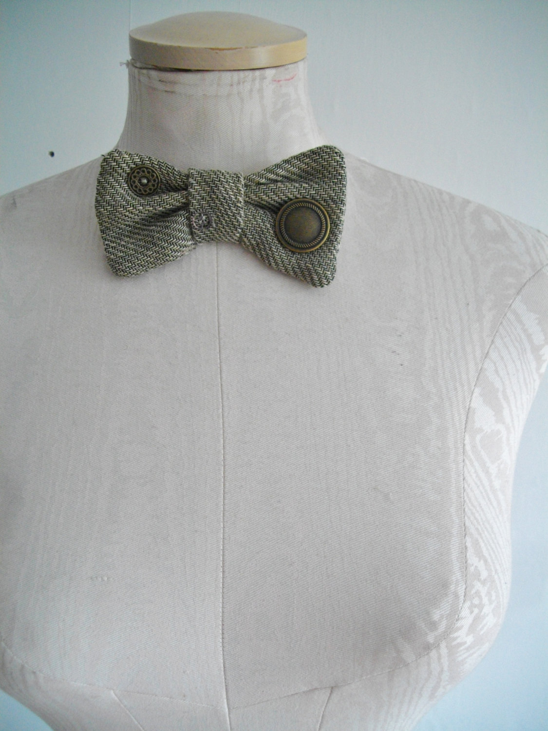 Unique Ecru/sage Irish Linen dickie bow with 'Steampunk' button details. steampunk buy now online