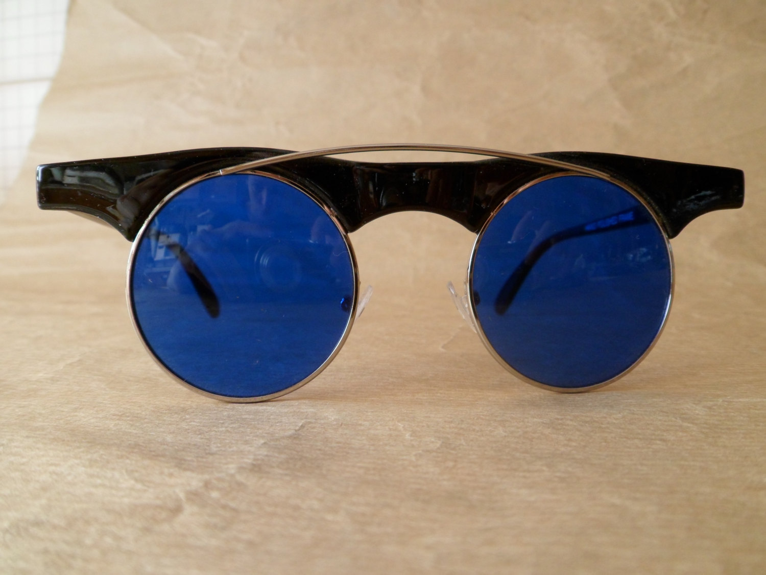 Vintage from deadstock round plastic sunglasses with metal bridge - only BLUE steampunk buy now online