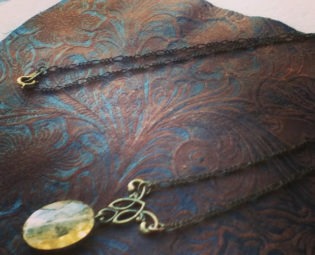 Lightwaves - Alluring Steampunk Victorian pendant necklace with Antiqued Bronze chain, Bronze Filigree and hanging Faceted Golden Prehnite steampunk buy now online