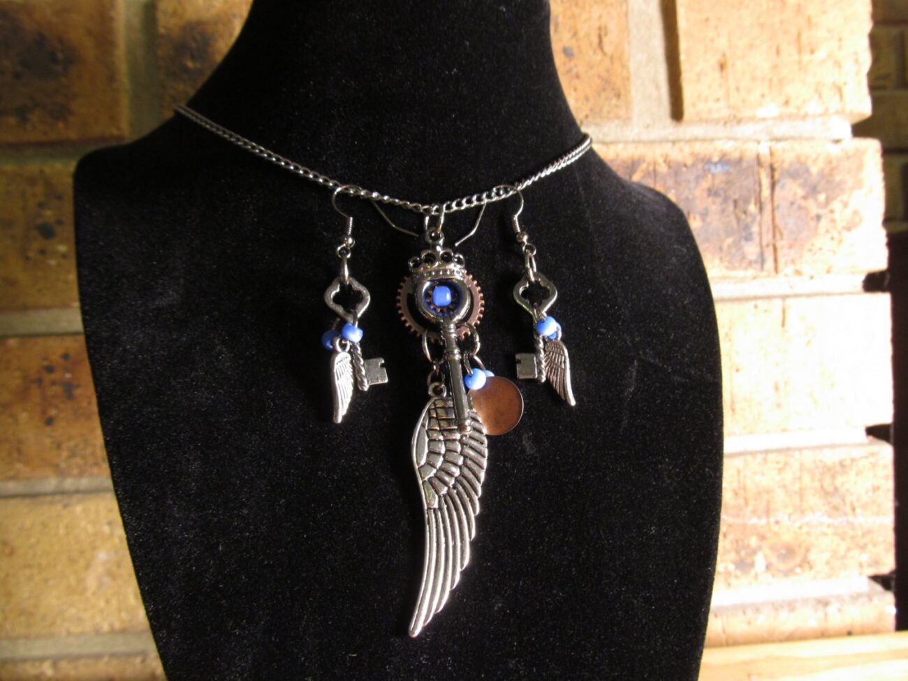 Steampunk Winged Key Necklace and Earring set. steampunk buy now online