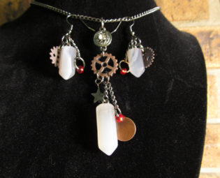 Steampunk White Quartz and Gear Necklace and Earring set. steampunk buy now online