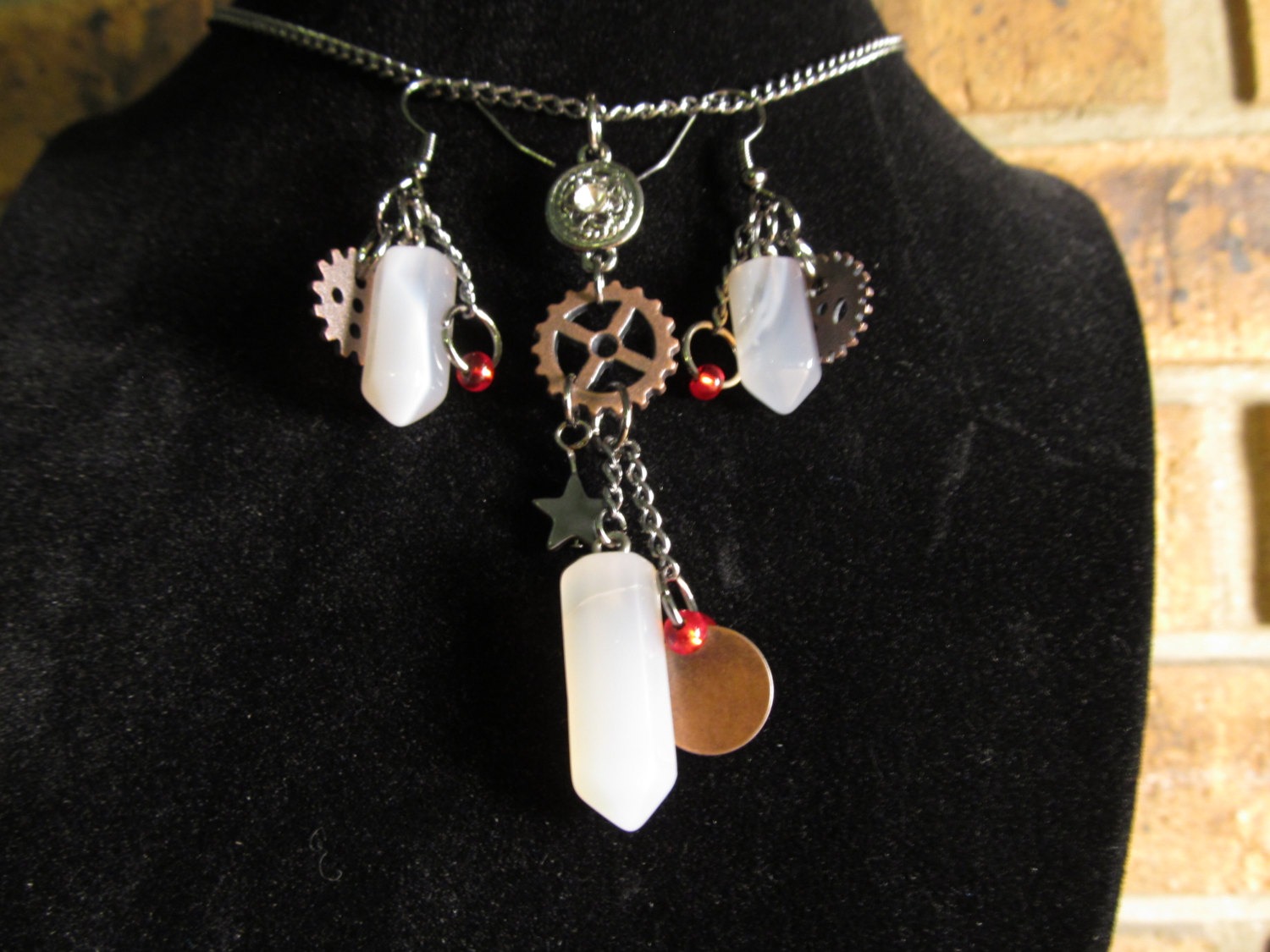 Steampunk White Quartz and Gear Necklace and Earring set. steampunk buy now online