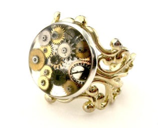 Gold Steampunk Resin Ring Victorian Filigree Adjustable Ring ( mechanical watch movement parts in resin ) steampunk buy now online