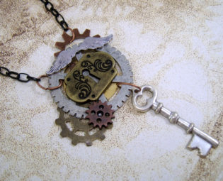 Whimsical Flying Gears Collage Necklace steampunk buy now online