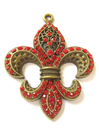 Focal Fluer De Lis pendant antique bronze charm red rhinestones jewelry enhancer 63mm x 82mm 7mm B0452 steampunk buy now online