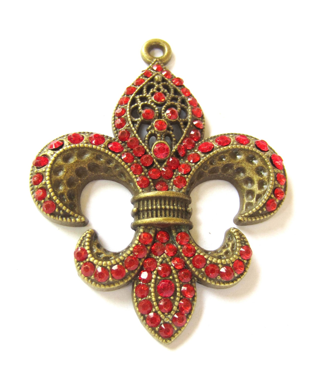 Focal Fluer De Lis pendant antique bronze charm red rhinestones jewelry enhancer 63mm x 82mm 7mm B0452 steampunk buy now online