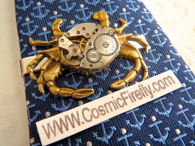 Men's Steampunk Tie Clip Brass Crab Tie Clip Vintage Watch Movement Nautical Tie Bar Gothic Victorian Men's Tie Clip Men's Gifts Tropical steampunk buy now online