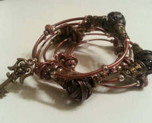 Copper and Bronze tone Steampunk Coil Wrap Metal Bracelet with Key charms steampunk buy now online