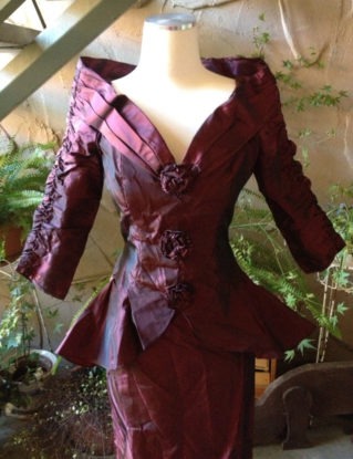 Vintage Victorian Steampunk Dress /Burgundy Satin Off Shoulder Fitted Dress steampunk buy now online