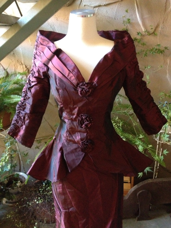 Vintage Victorian Steampunk Dress /Burgundy Satin Off Shoulder Fitted Dress steampunk buy now online