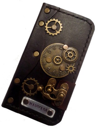 Personalised hand stitched stamped victorian steampunk clock gears pendant dark brown leather iPhone 6 mobile case cover holder book style steampunk buy now online