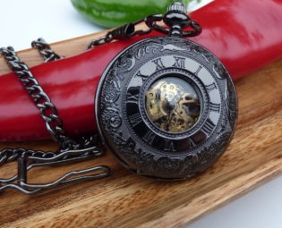 Classic Black Mechanical Pocket Watch, Engravable, 17 Jewel, 15" Pocket Watch Chain - Double Cover - Item MPW231 steampunk buy now online