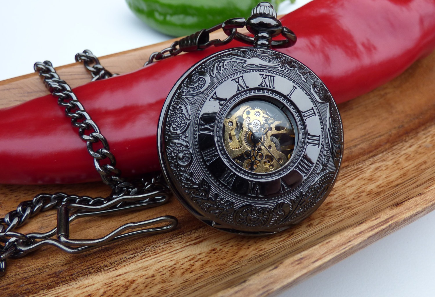 Classic Black Mechanical Pocket Watch, Engravable, 17 Jewel, 15" Pocket Watch Chain - Double Cover - Item MPW231 steampunk buy now online