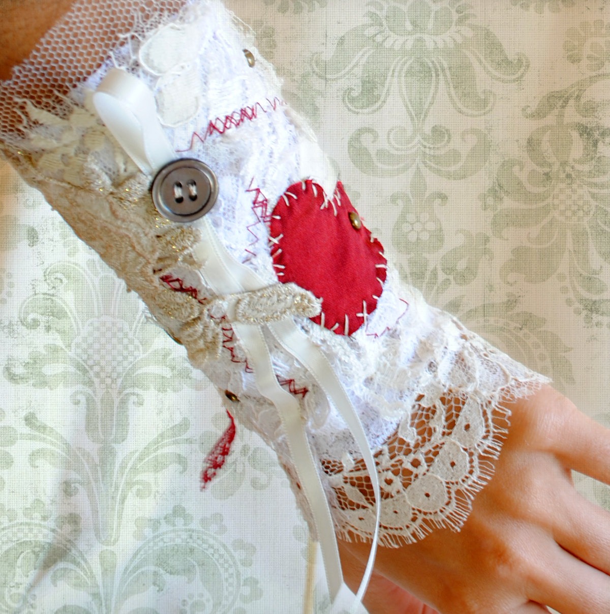 Victorian Tea-Party Lace Wrist Cuff - Torn and Tattered Red Heart steampunk buy now online