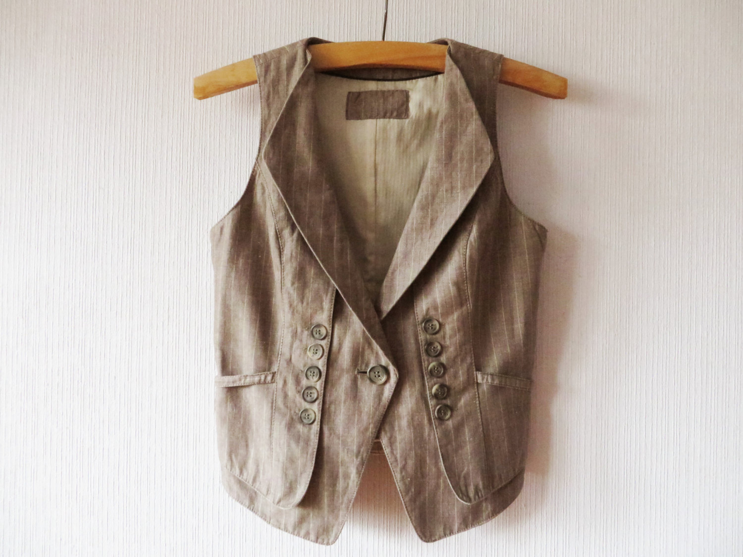 Womens Vest Striped Beige Brown Suit Collar Steampunk Formal Waistcoat Medium Size steampunk buy now online