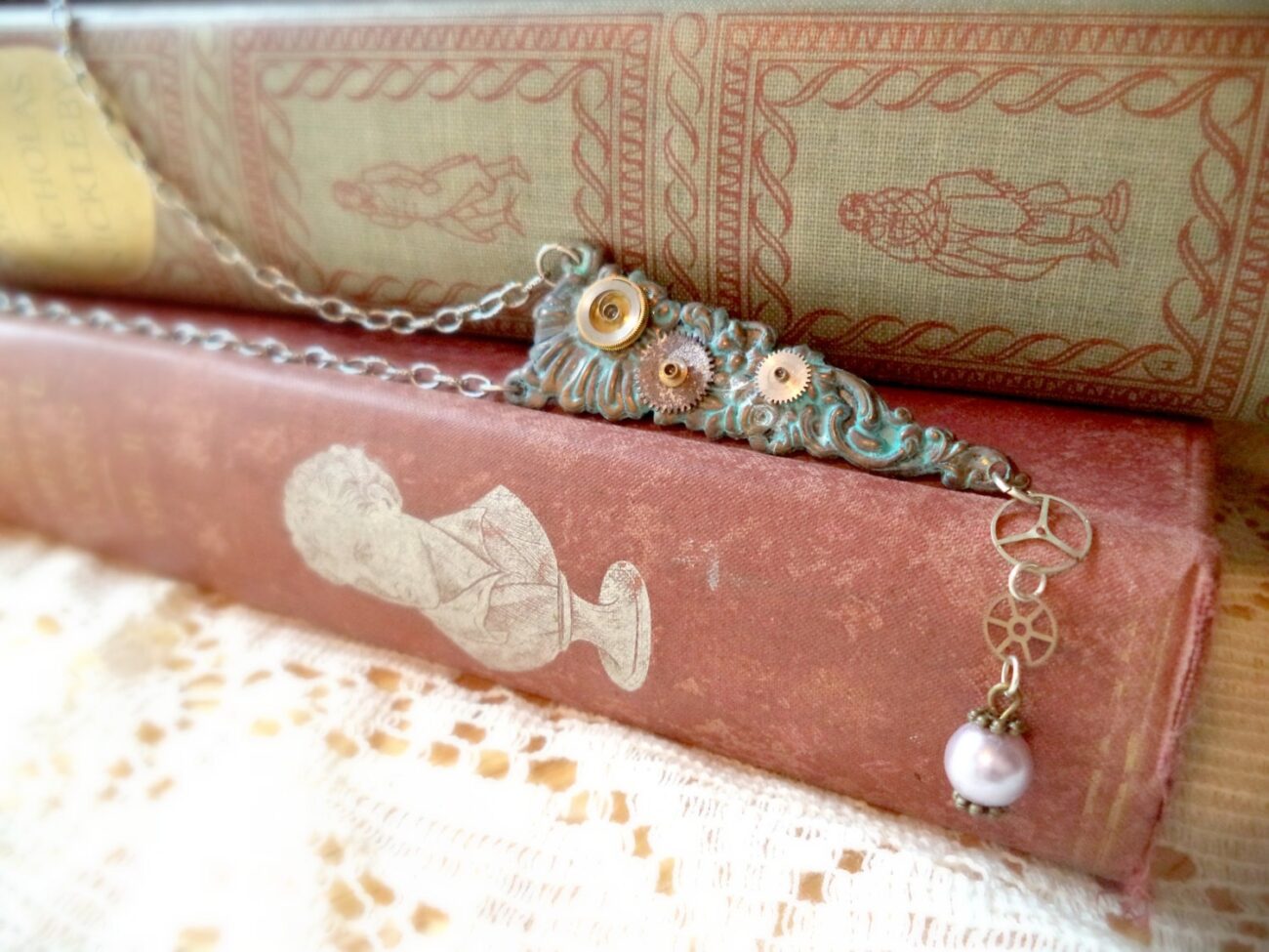 Steampunk Necklace, Vintage, Watch Parts, Gears, Steampunk Jewelry, Purple, Pearl, Drop Necklace steampunk buy now online