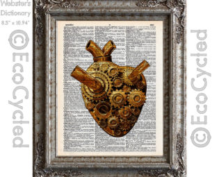 Steampunk Gear Heart on Vintage Upcycled Dictionary Art Print Book Art Print Recycled Repurposed Cardiac Machine Gears steampunk buy now online
