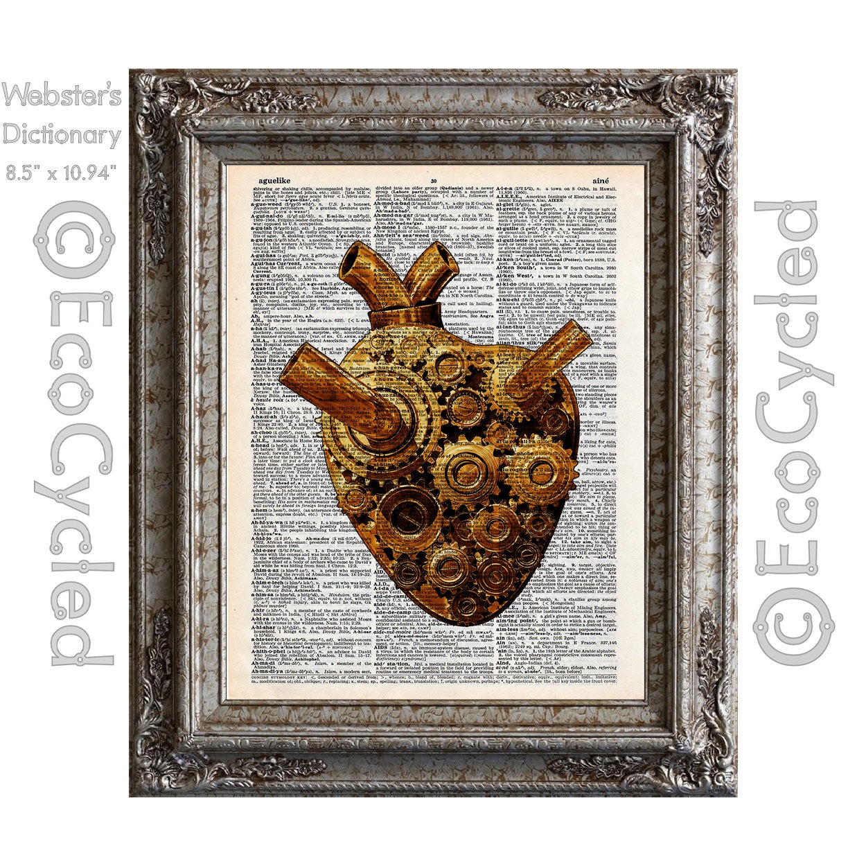 Steampunk Gear Heart on Vintage Upcycled Dictionary Art Print Book Art Print Recycled Repurposed Cardiac Machine Gears steampunk buy now online