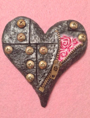 Handmade steampunk framed polymer clay heart with zip and metal screws pink and black steampunk buy now online