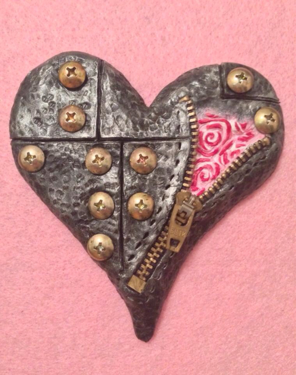 Handmade steampunk framed polymer clay heart with zip and metal screws pink and black steampunk buy now online